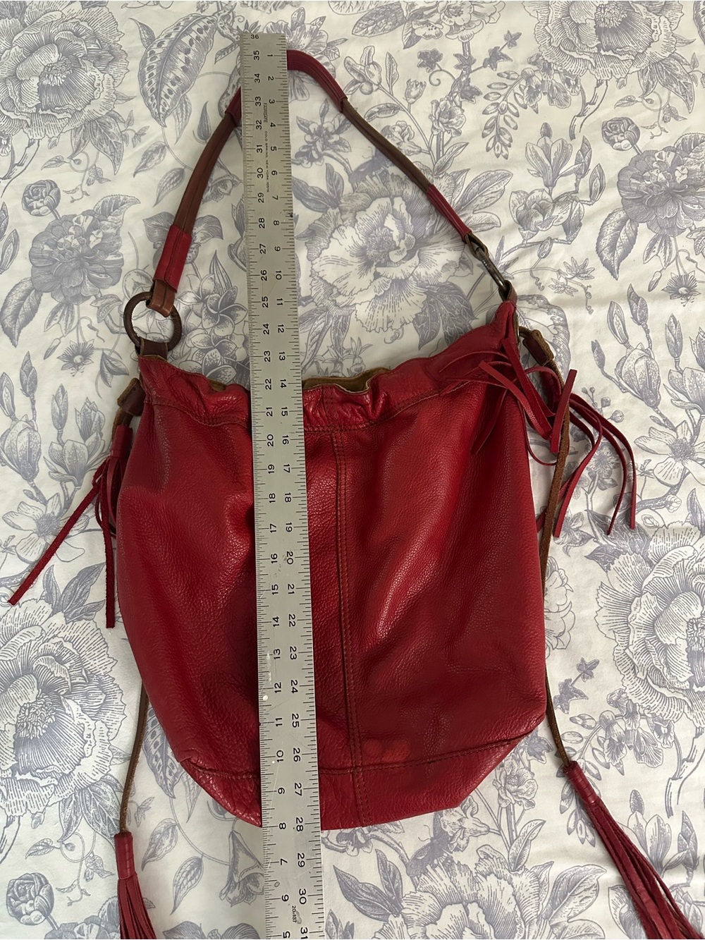 Lucky Brand Red Leather Drawstring Hobo with Fringe - Picture 9 of 11